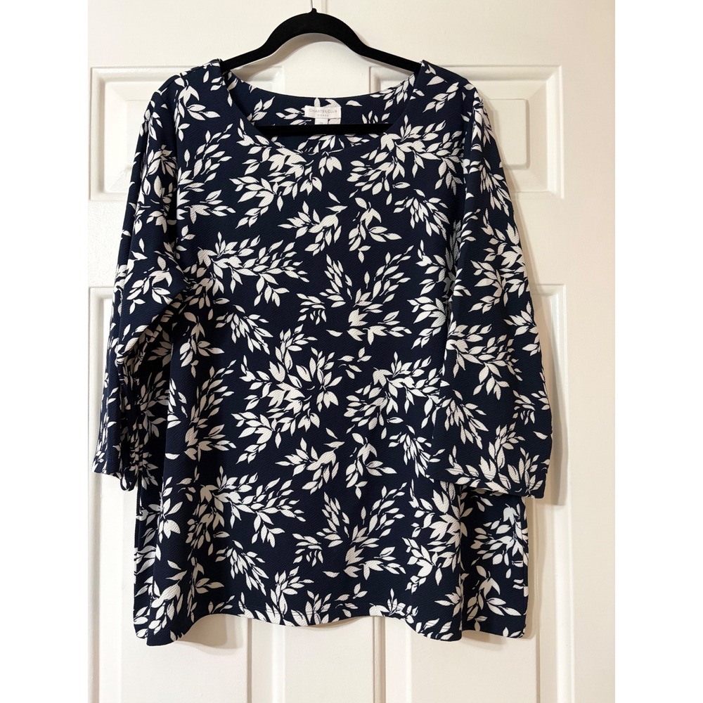 Charter Club | Plus size Floral Leaf  Blouse | 2X || Navy/White|